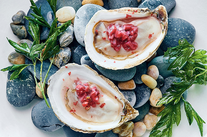 Oysters with Pomegranate and Pink Pepper Mignonnette