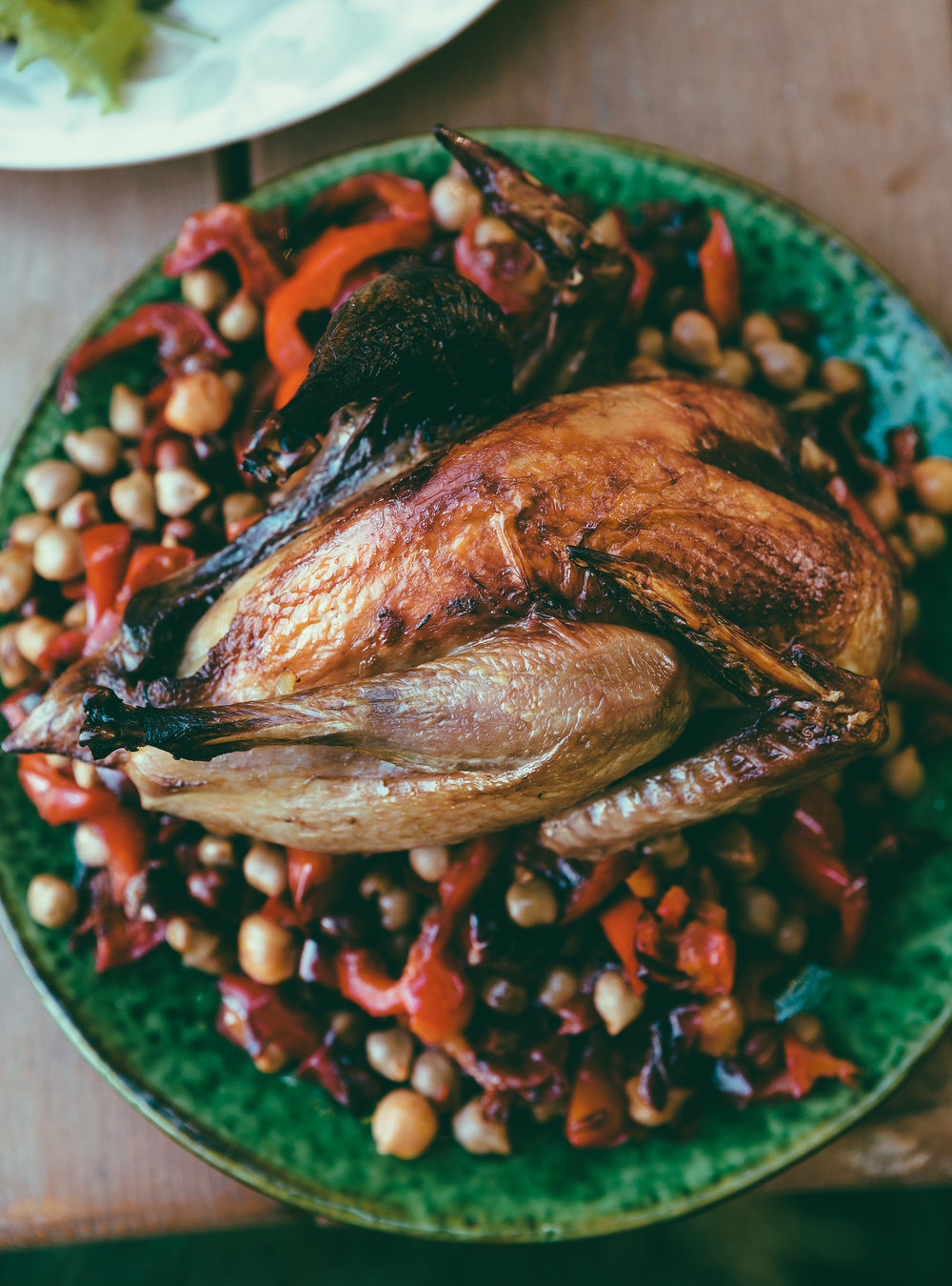 Roasted Guinea Fowl with Caramelized Bell Pepper and Chickpea Salad