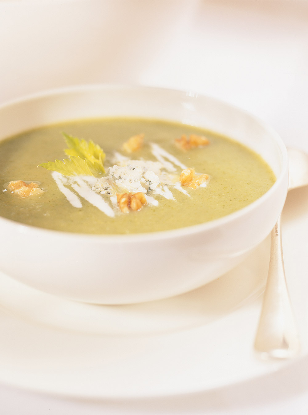 Cream of Celery Soup with Walnuts and Blue Cheese