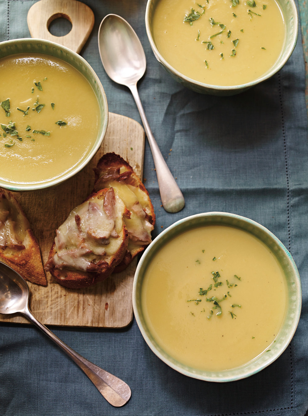 Creamy Leek Soup with Duck Confit and Cheddar Toasts