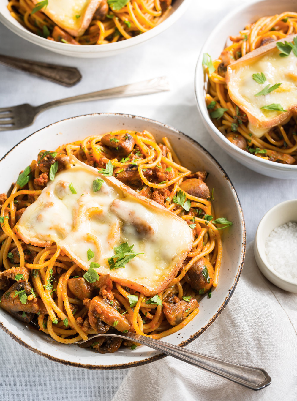 Spaghetti with Veal and Mushrooms au Gratin