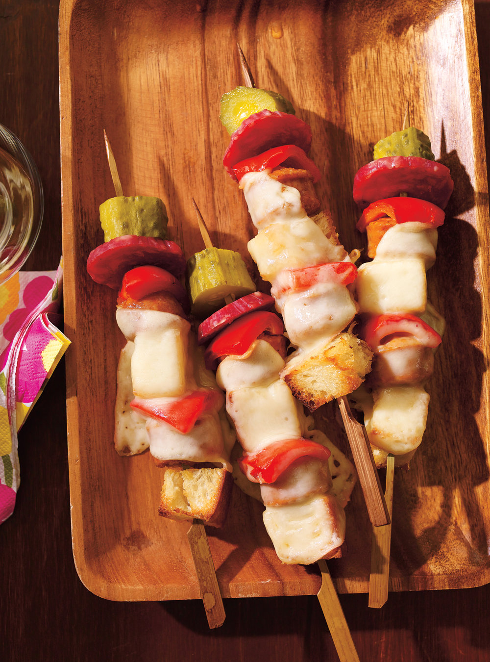 Raclette-Style Bread, Pickle and Dried Sausage Skewers