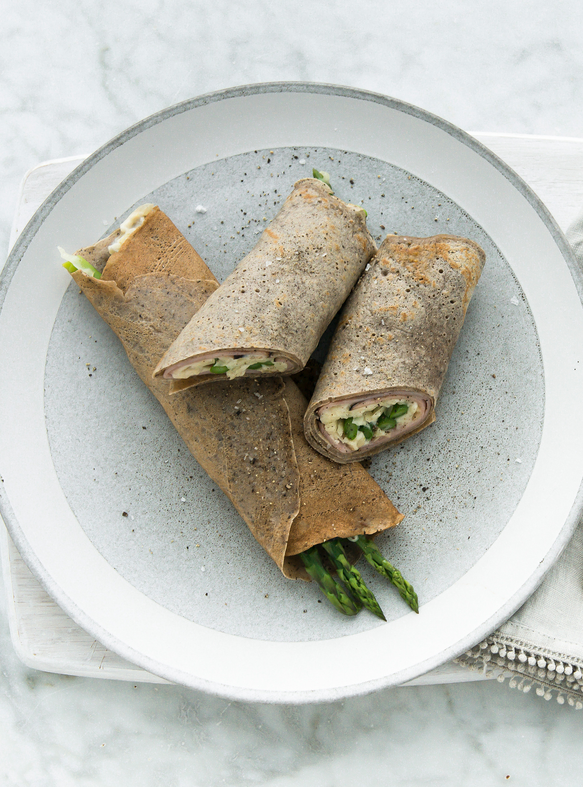 Buckwheat Crepes with Ham, Asparagus and Cheese