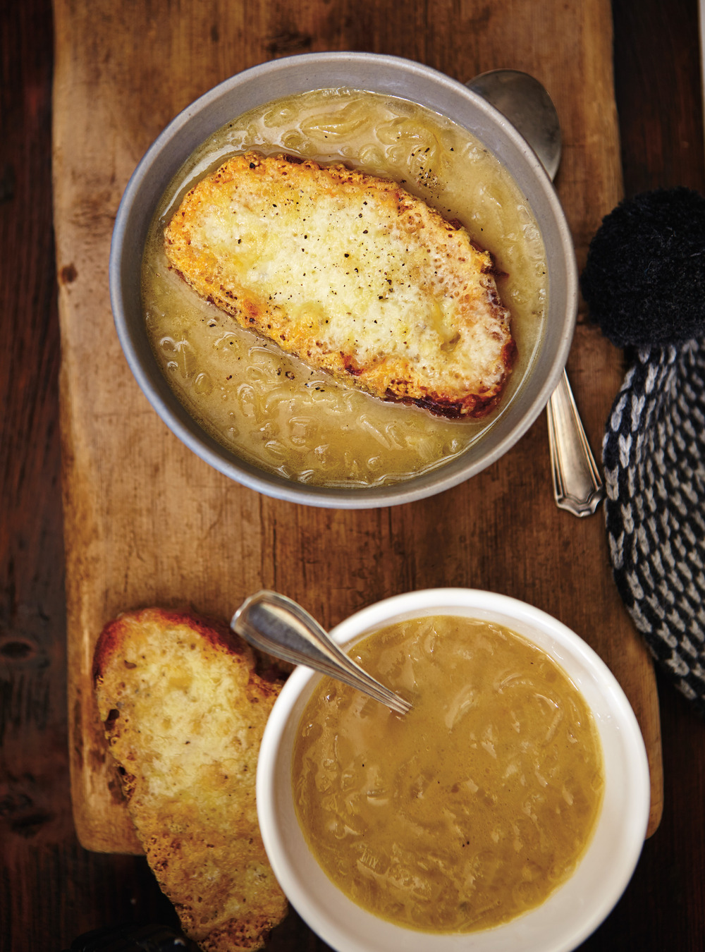 Creamy Onion Soup with Cheddar Croutons