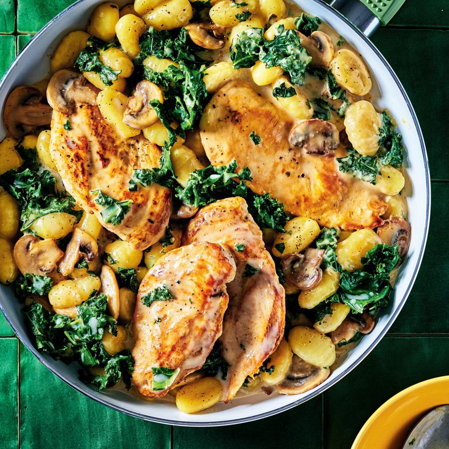 Chicken Cutlets, Gnocchi and Kale with Creamy Mushroom Sauce-image