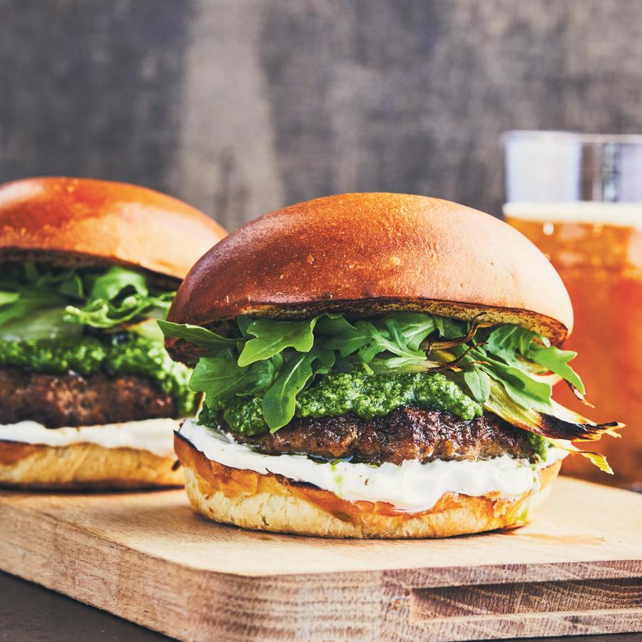 Lamb Burgers with Arugula Pesto and Roasted Onion-image