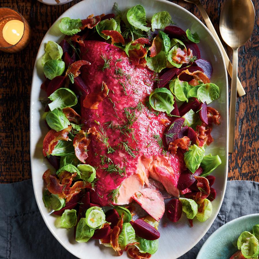 Baked Salmon with Beets, Brussels Sprouts and Pancetta-image