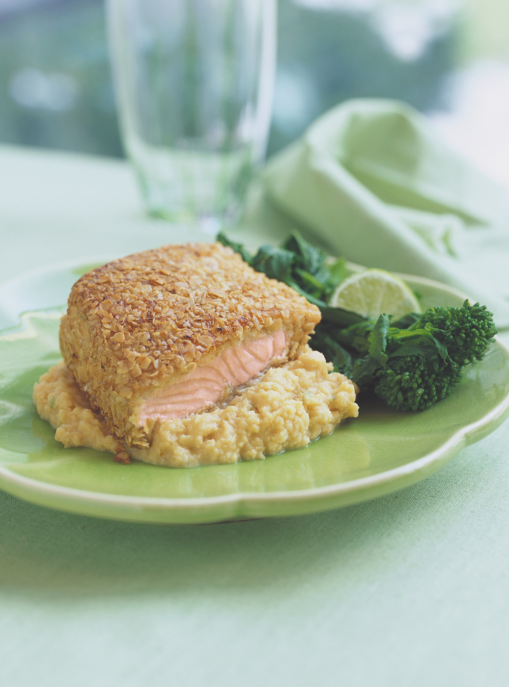 Oat-Encrusted Spicy Salmon on Lime Chickpea Puree 