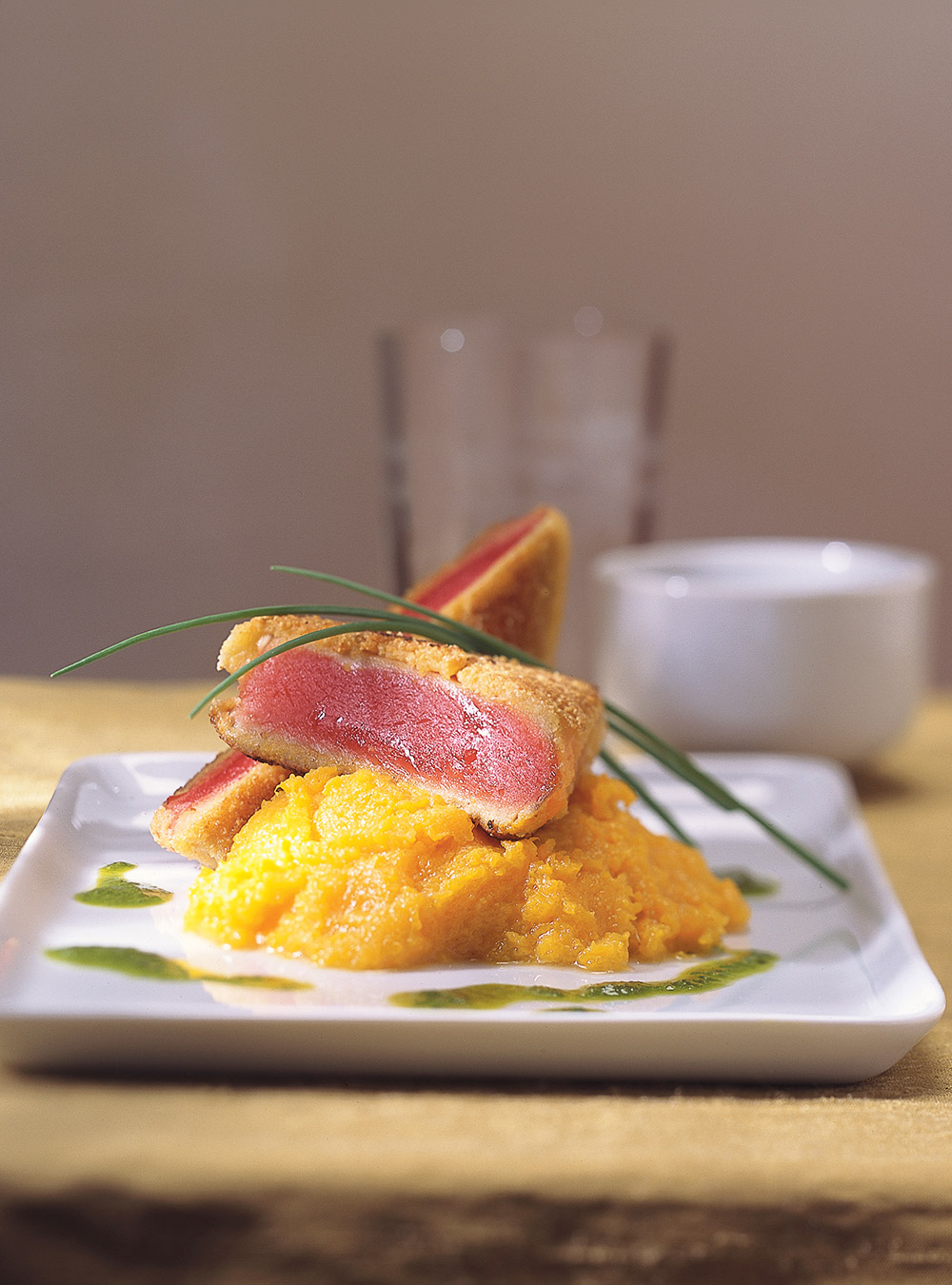 Almond-Crusted Seared Tuna on Mashed Butternut Squash with Ginger