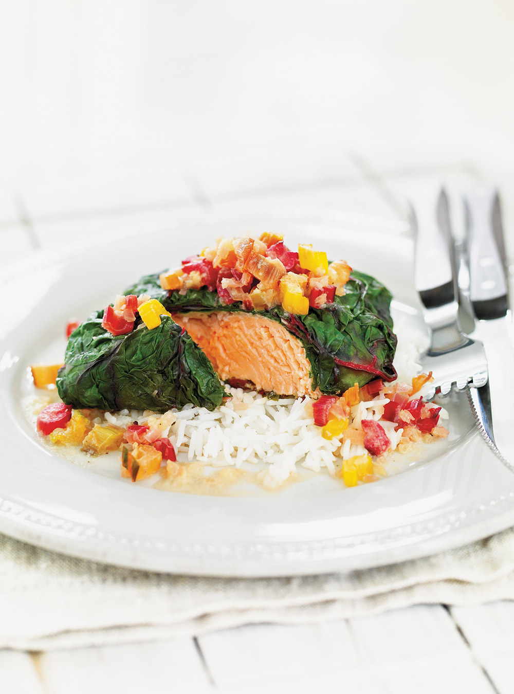 Salmon wrapped in Swiss Chard