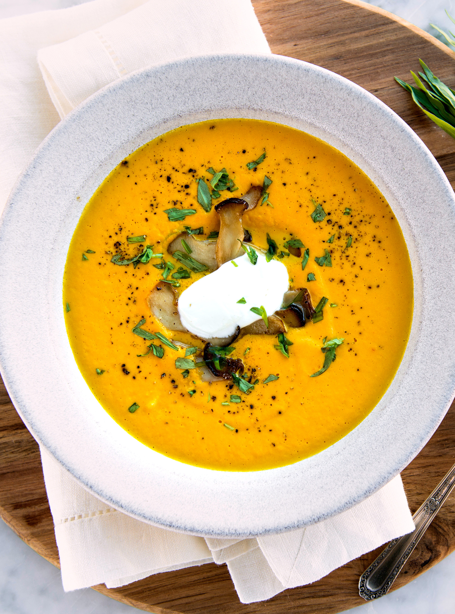 Cream of Carrot Soup with Oyster Mushrooms and Tarragon
