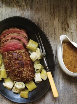Rôti de veau à la moutarde et aux poireaux