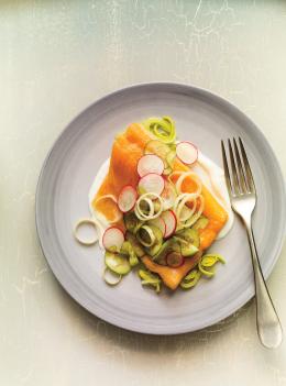 Omble chevalier et poireaux confits