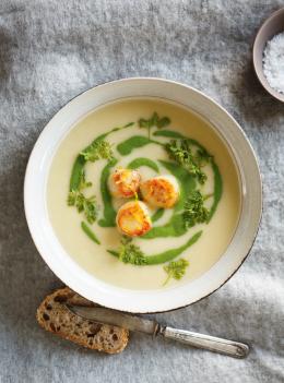 Crème de céleri et de pétoncles poêlés