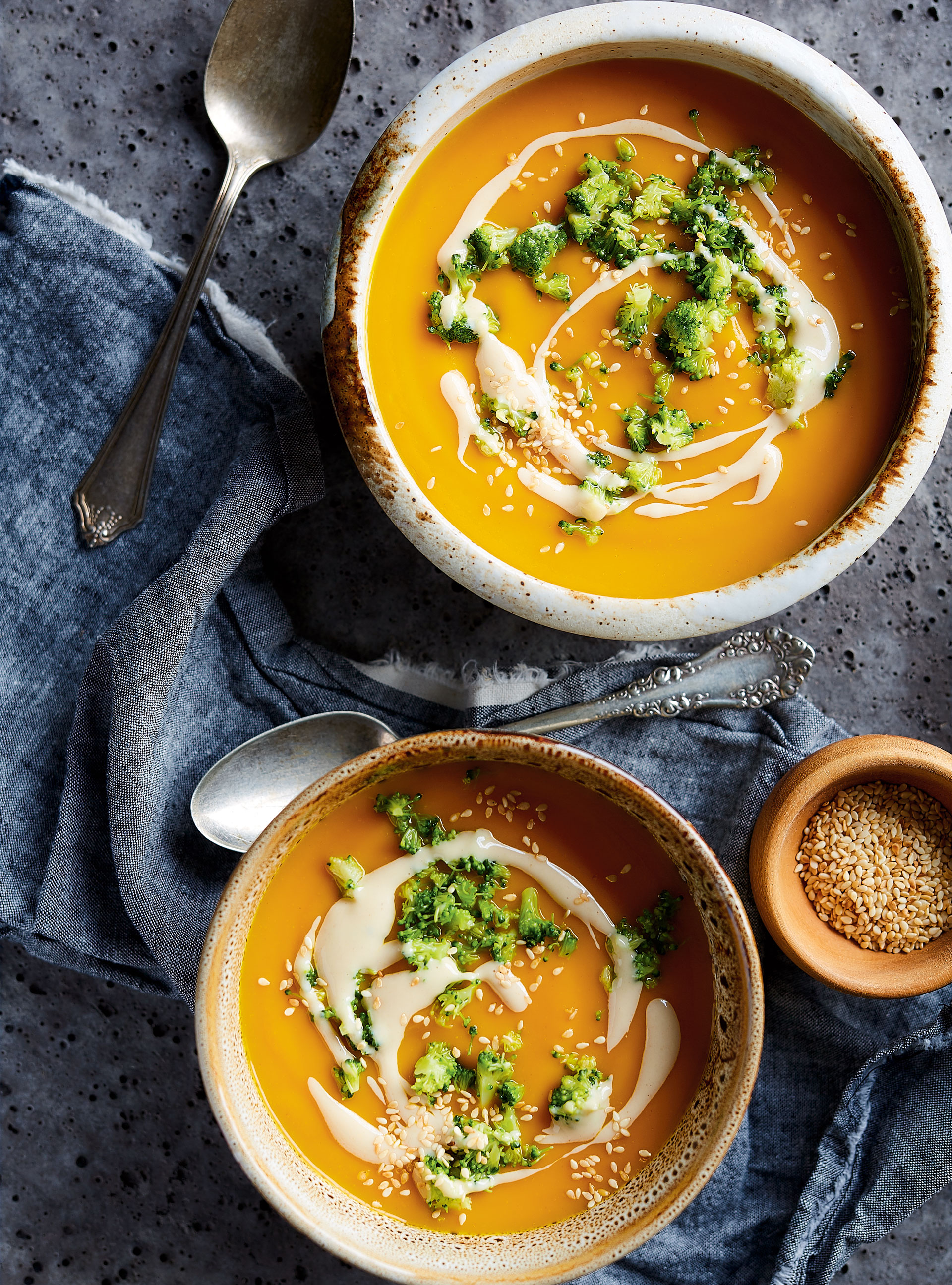 Cream of Carrot Soup with Tahini and Broccoli