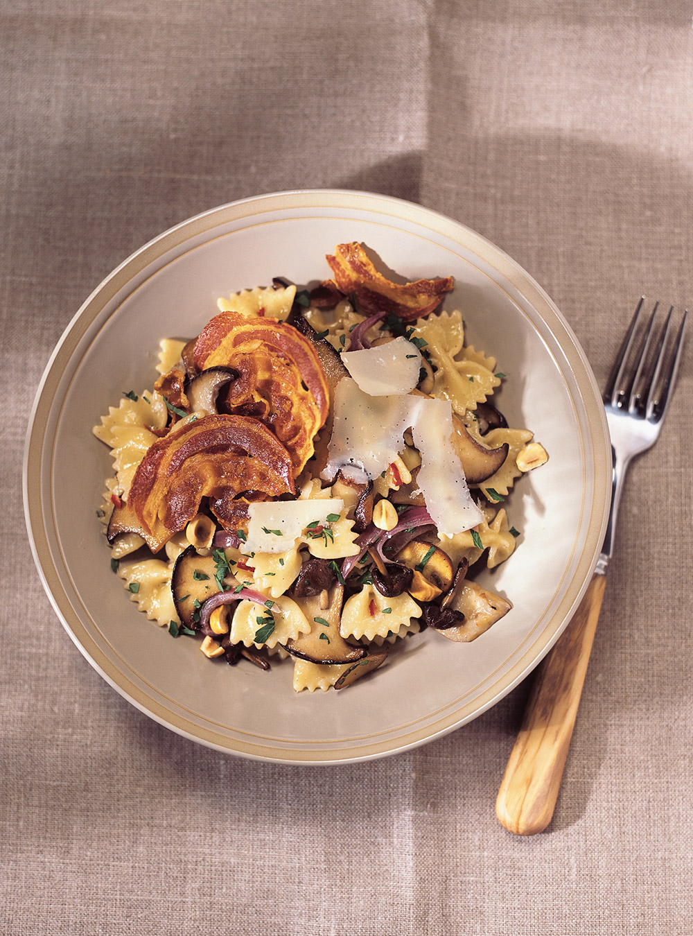 Farfalle with Mushrooms and Pancetta Chips