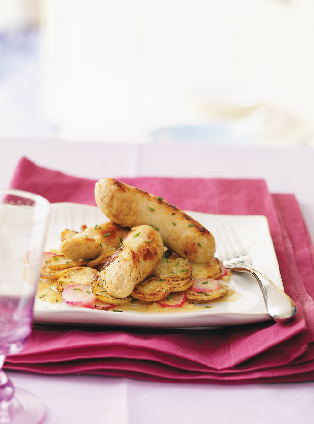 White Pudding Sausages with Potatoes and Radishes