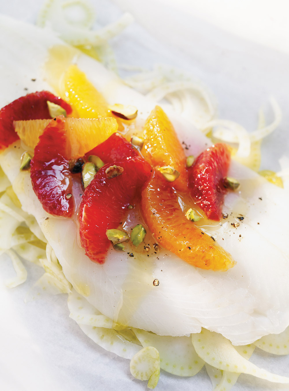 Fish with Blood Orange and Pistachio en Papillote