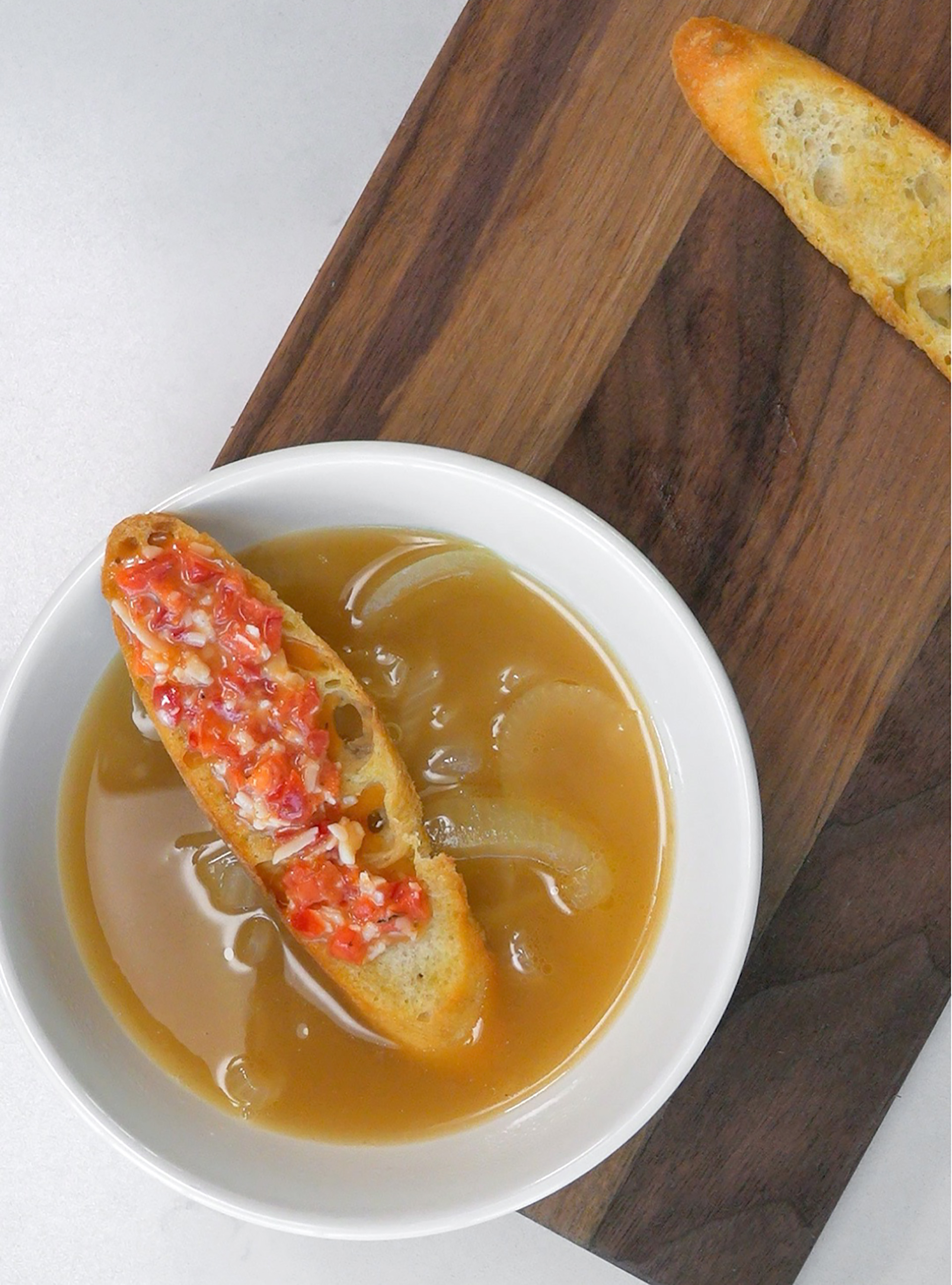 Onion Soup with Bell Peppers Rouille
