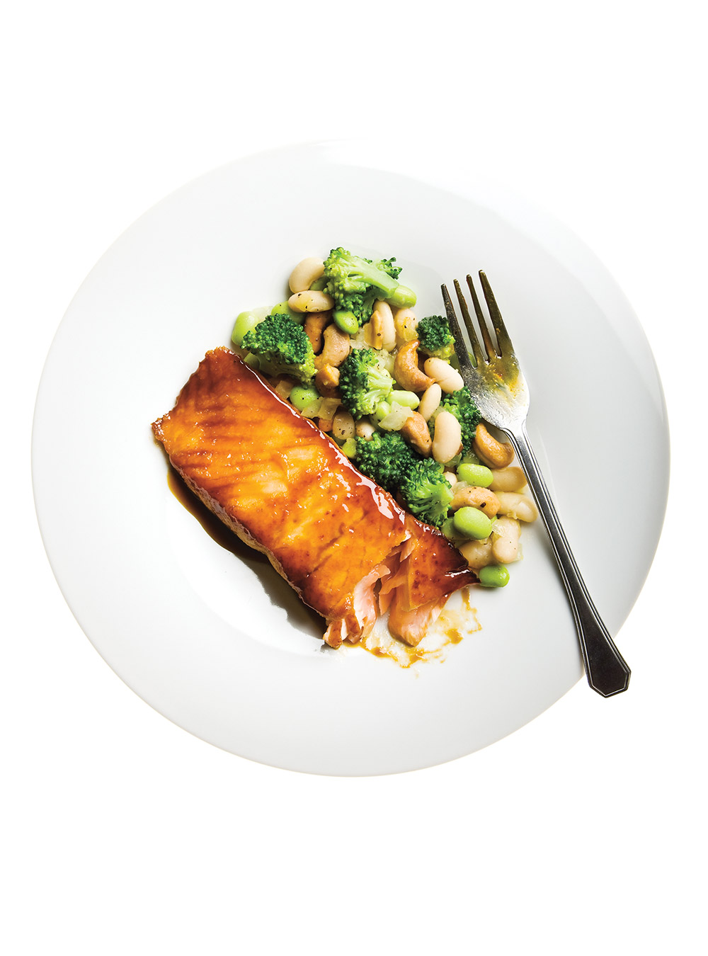 Glazed Salmon with a Warm White Bean, Soybean and Broccoli Salad