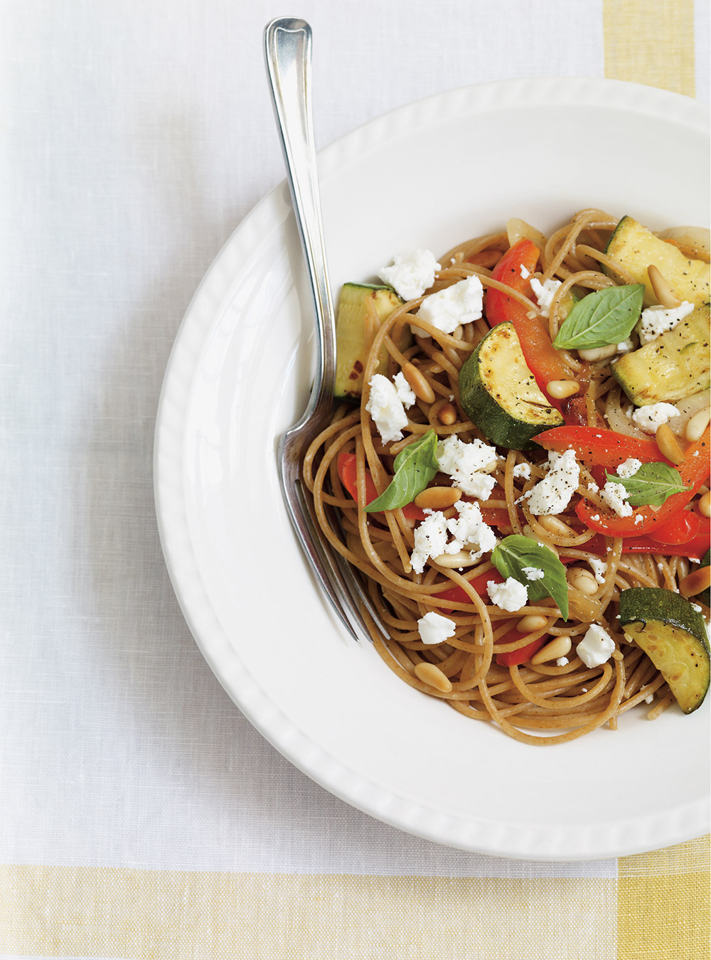Whole Wheat Spaghetti with Grilled Vegetables and Feta Cheese 