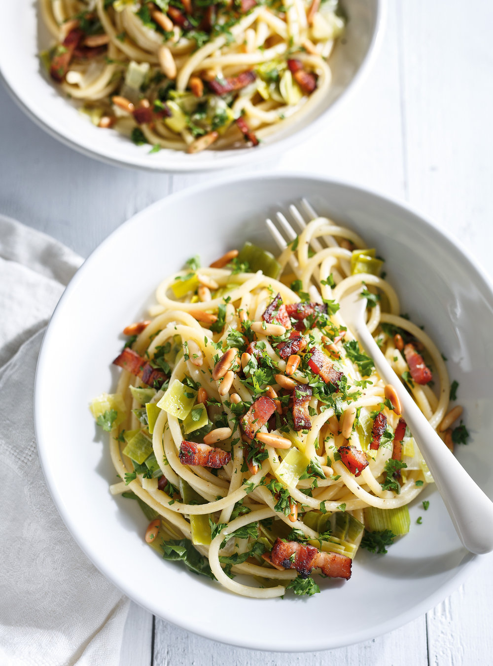 Bucatini with Leek, Bacon and Pine Nuts