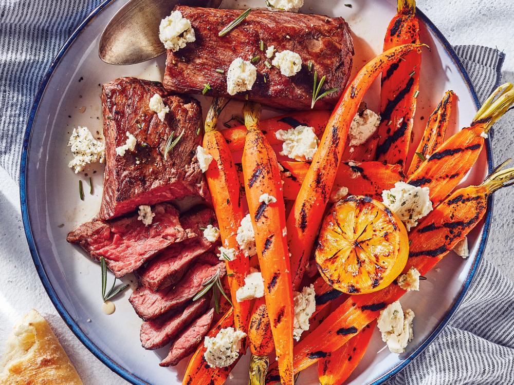 Sous Vide Flap with Grilled Carrots and Herbed Fresh Cheese |