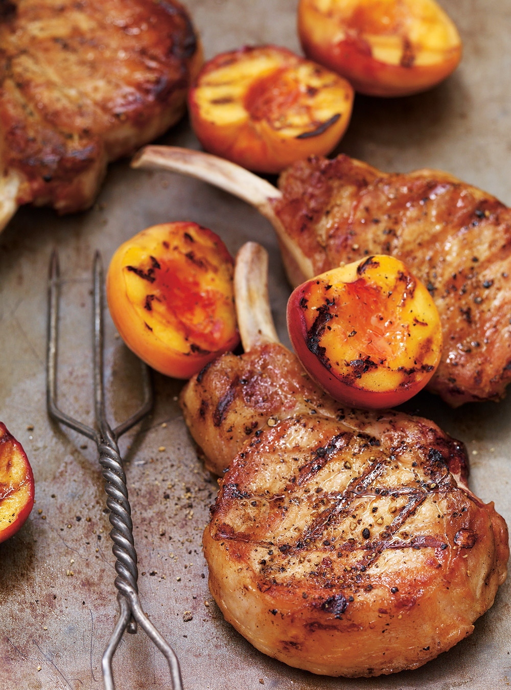 Grilled Pork Chops with Herbed Cheese and Grilled Peaches