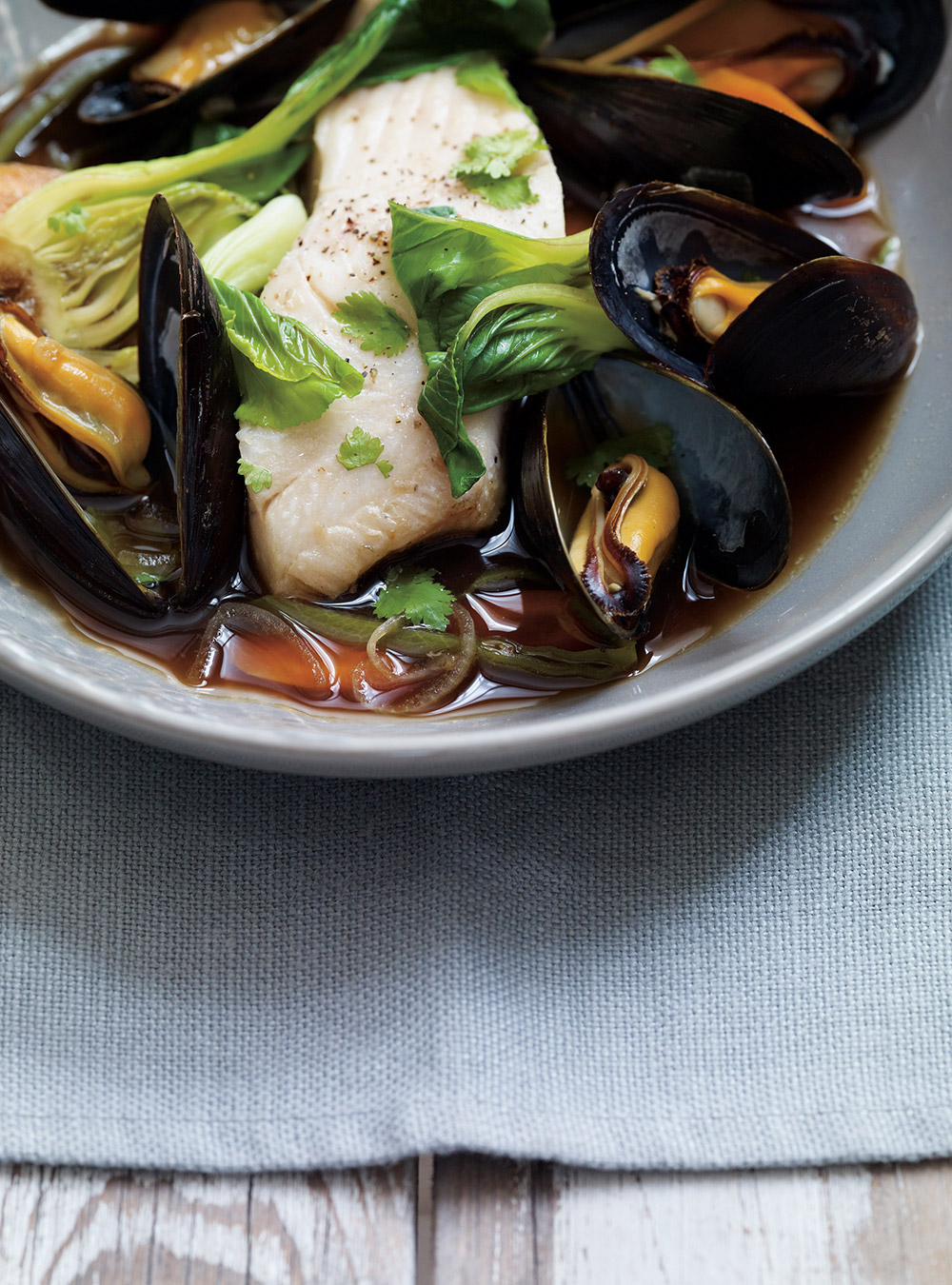 White Fish and Mussels Poached in Asian-Style Broth