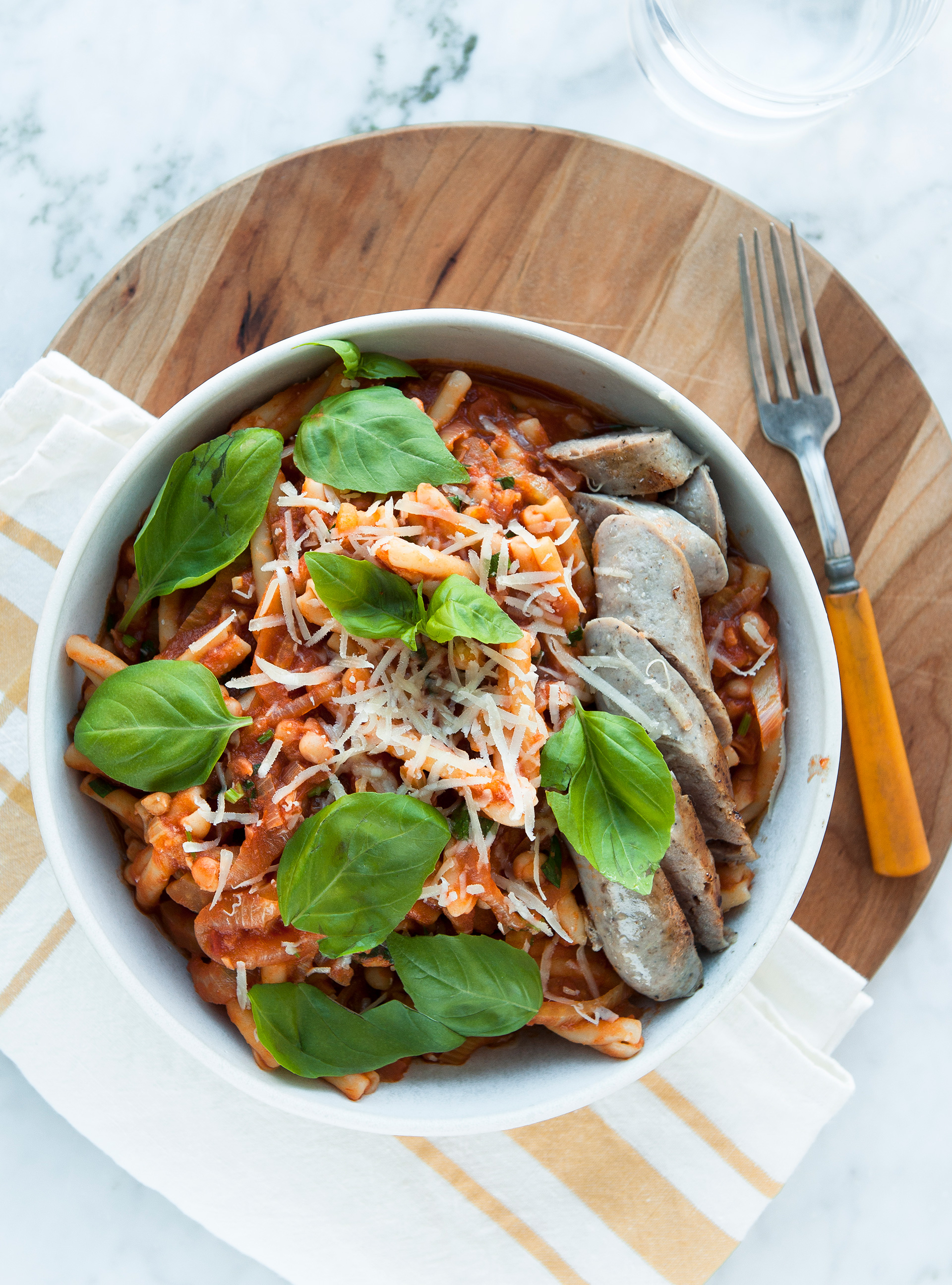Gemelli with Tomato Sauce, White Beans, Fennel and Sausage