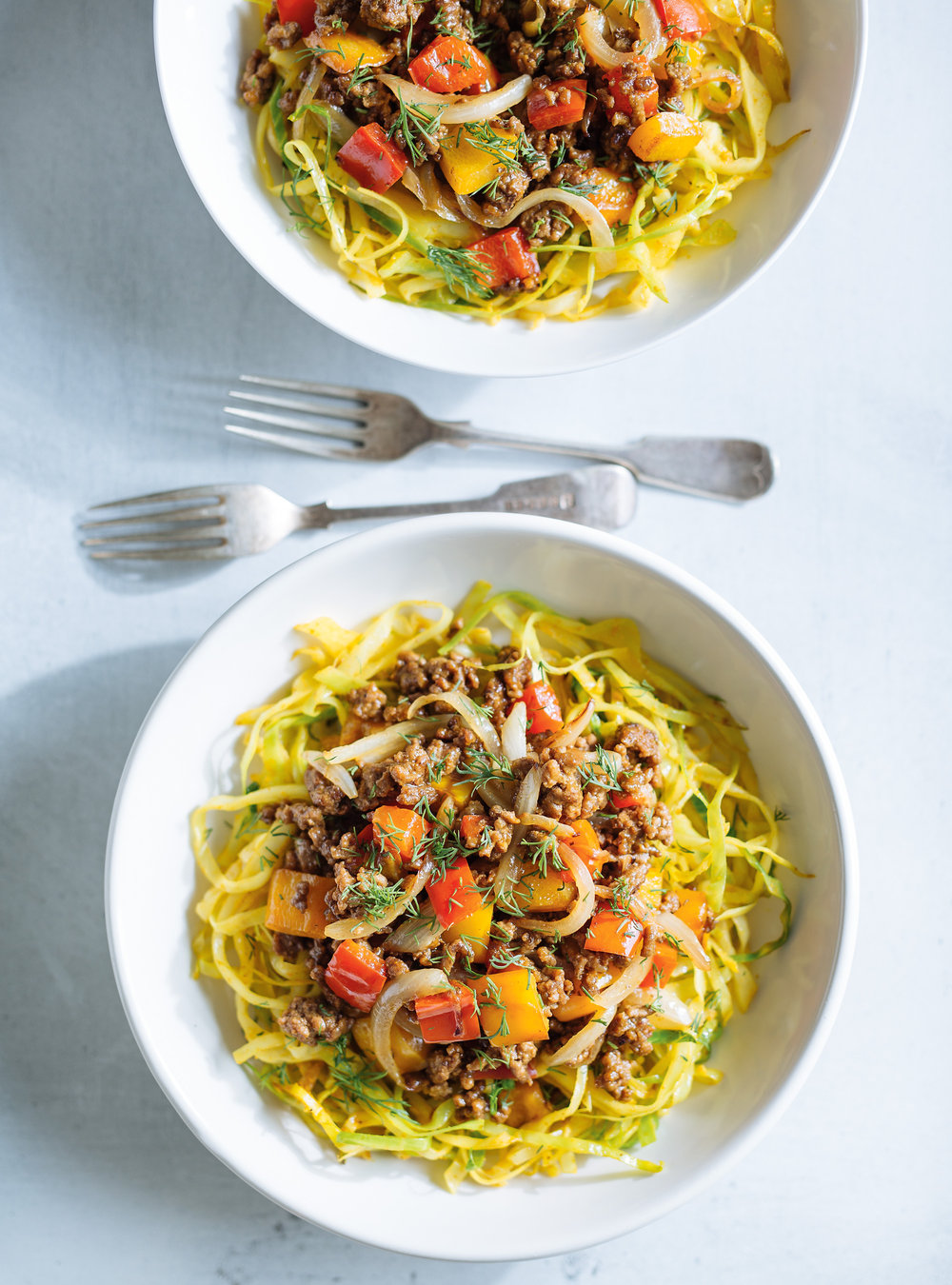 Curried Cabbage Noodles with Sautéed Beef