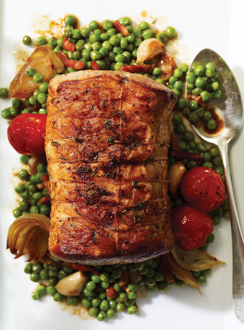 Pork Roast with Cherry Tomatoes and Green Peas
