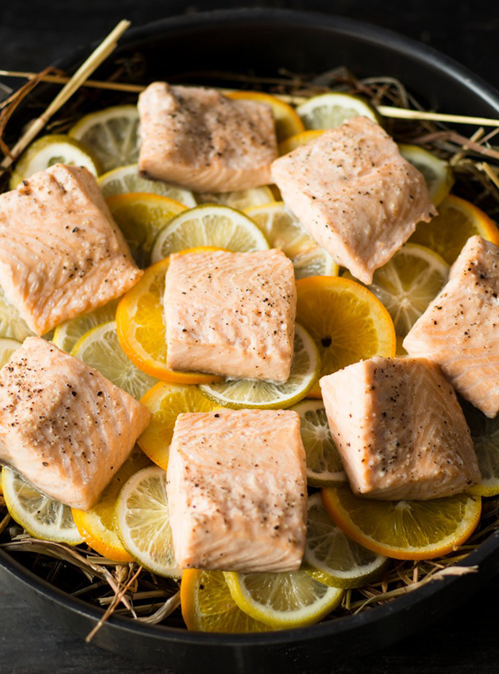 Europea-Style Hay-Steamed Salmon with Citrus and Sake 