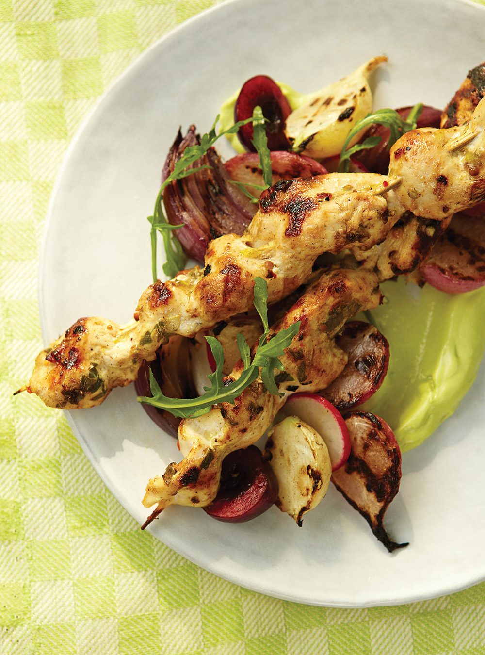 Spiced Chicken Skewers on Avocado Purée