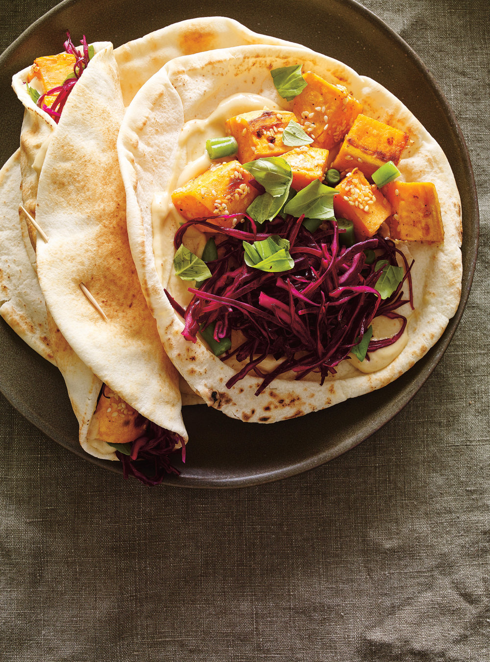 Parmesan Crusted Sweet Potato, Red Cabbage and Sesame Pita Sandwiches