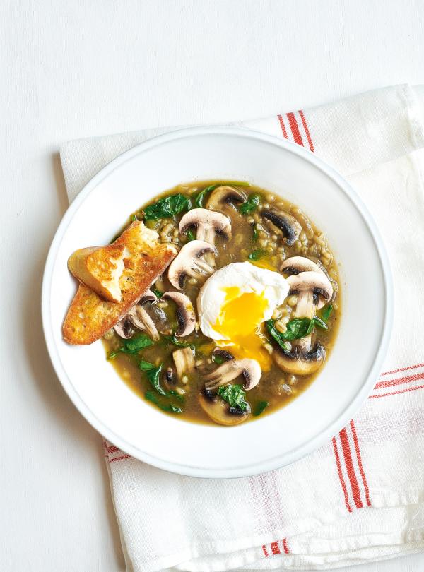 Mushroom Barley Soup with Poached Egg Ricardo