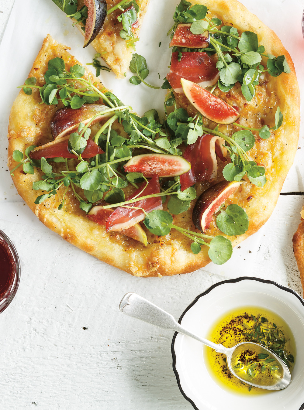 Cured Duck, Fig, and Watercress Pizza