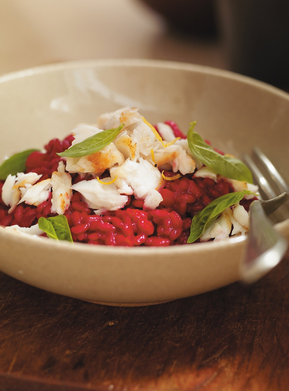 Beet Juice Risotto with Flaked Fish 