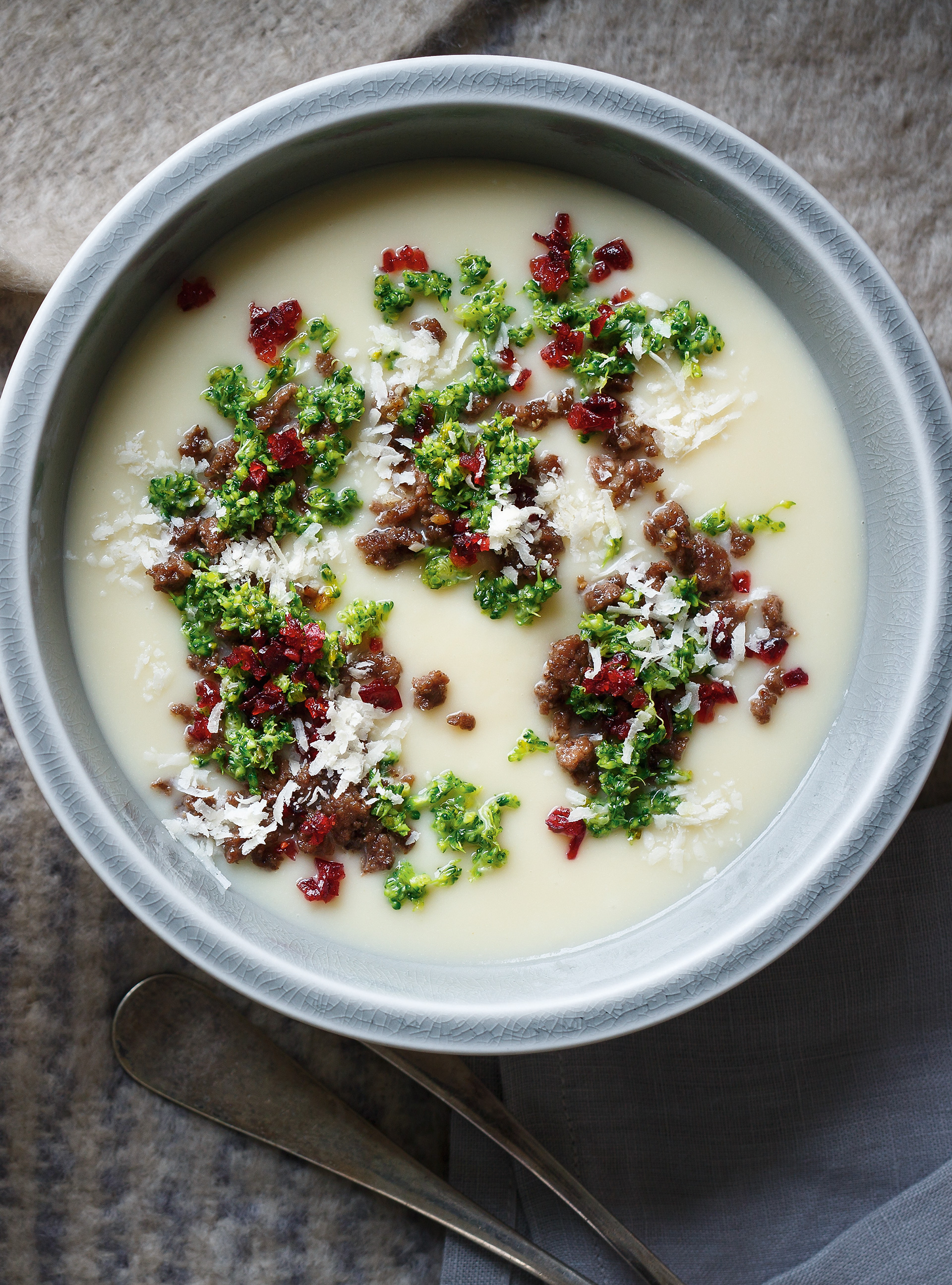 Cream of Parsnip Soup with Venison, Broccoli and Cranberries