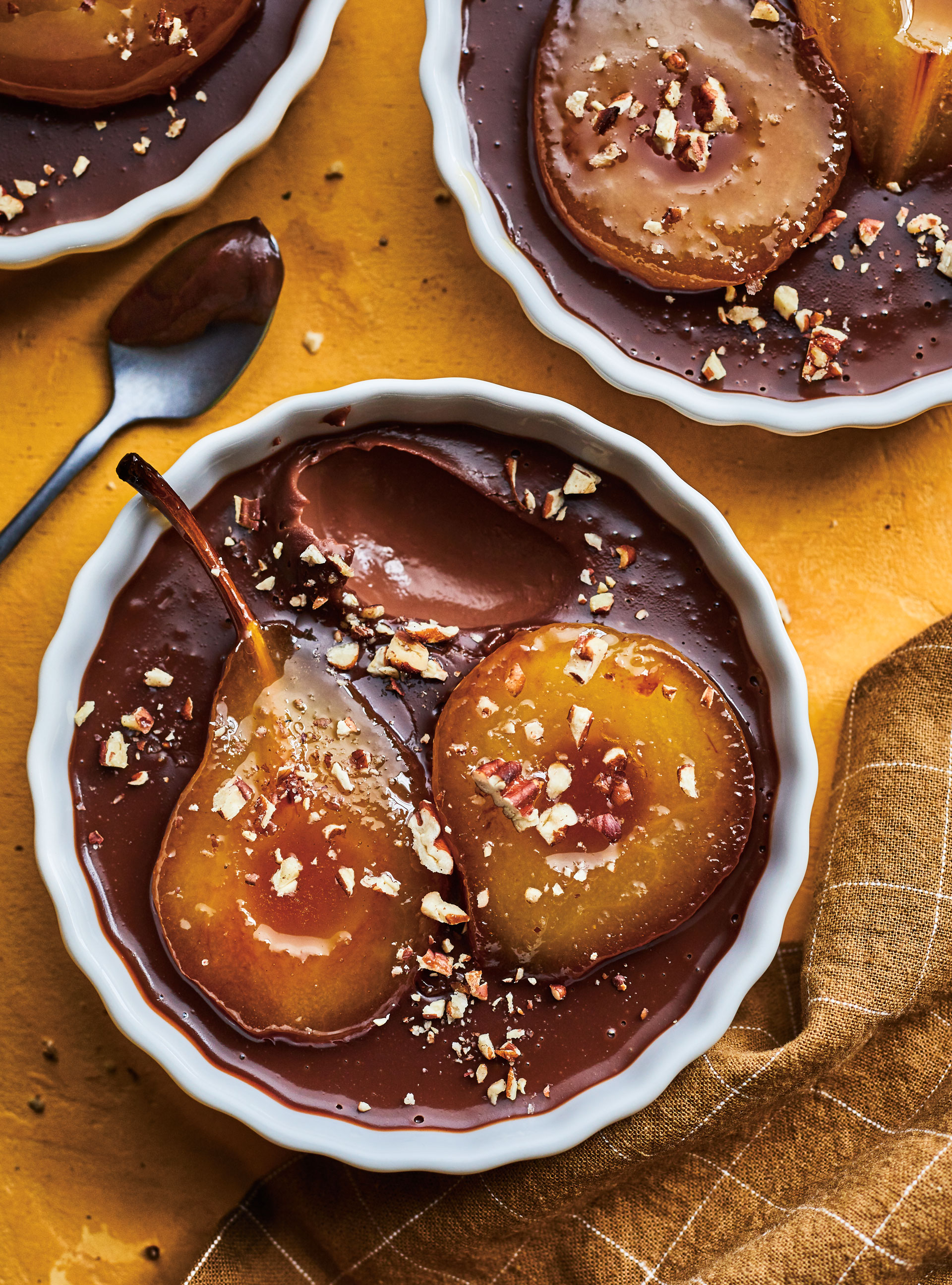 Chocolate Crémeux with Poached Pears and Pecans