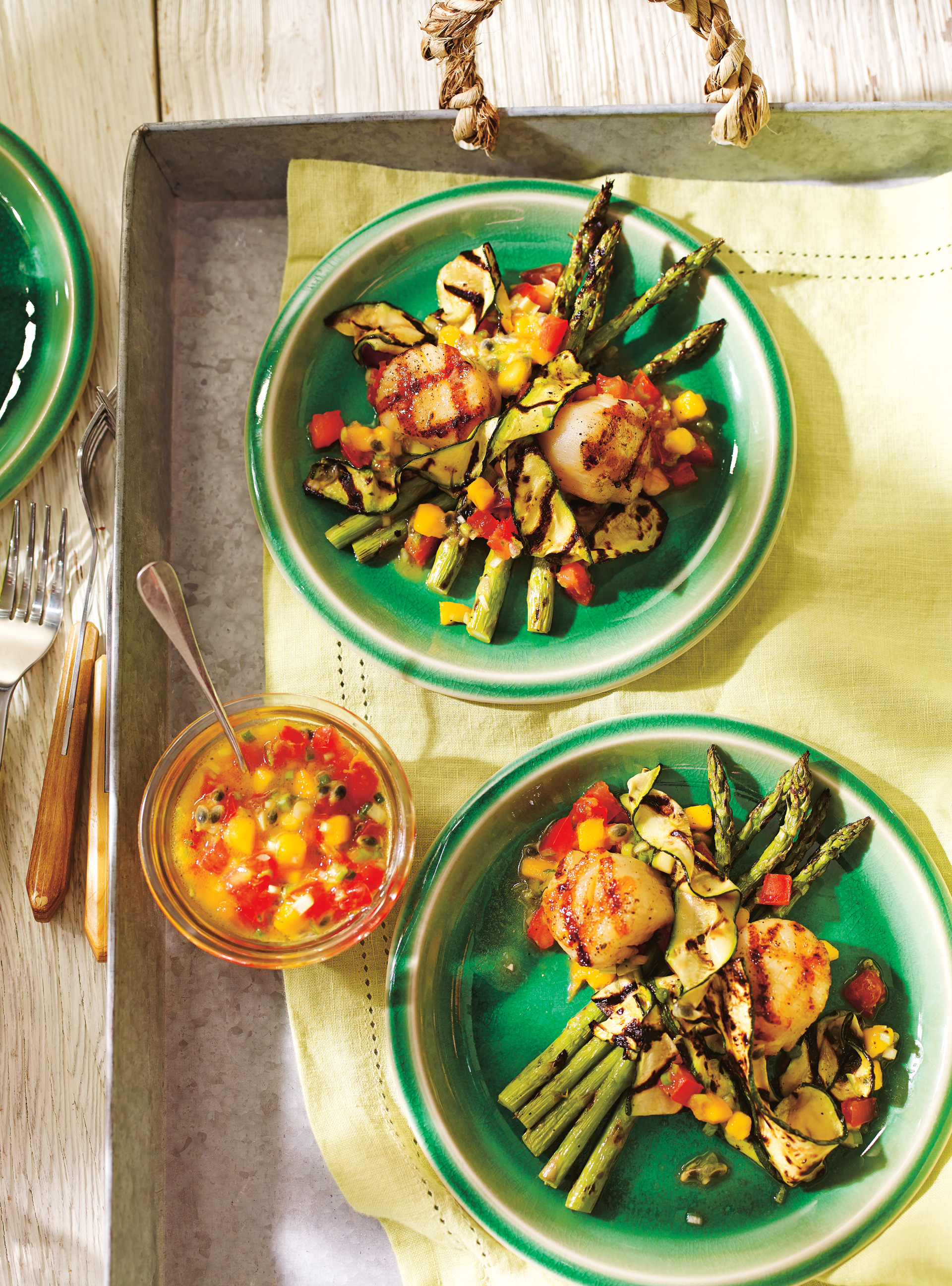 Grilled Scallops and Vegetables with Mango-Passion Fruit Salsa