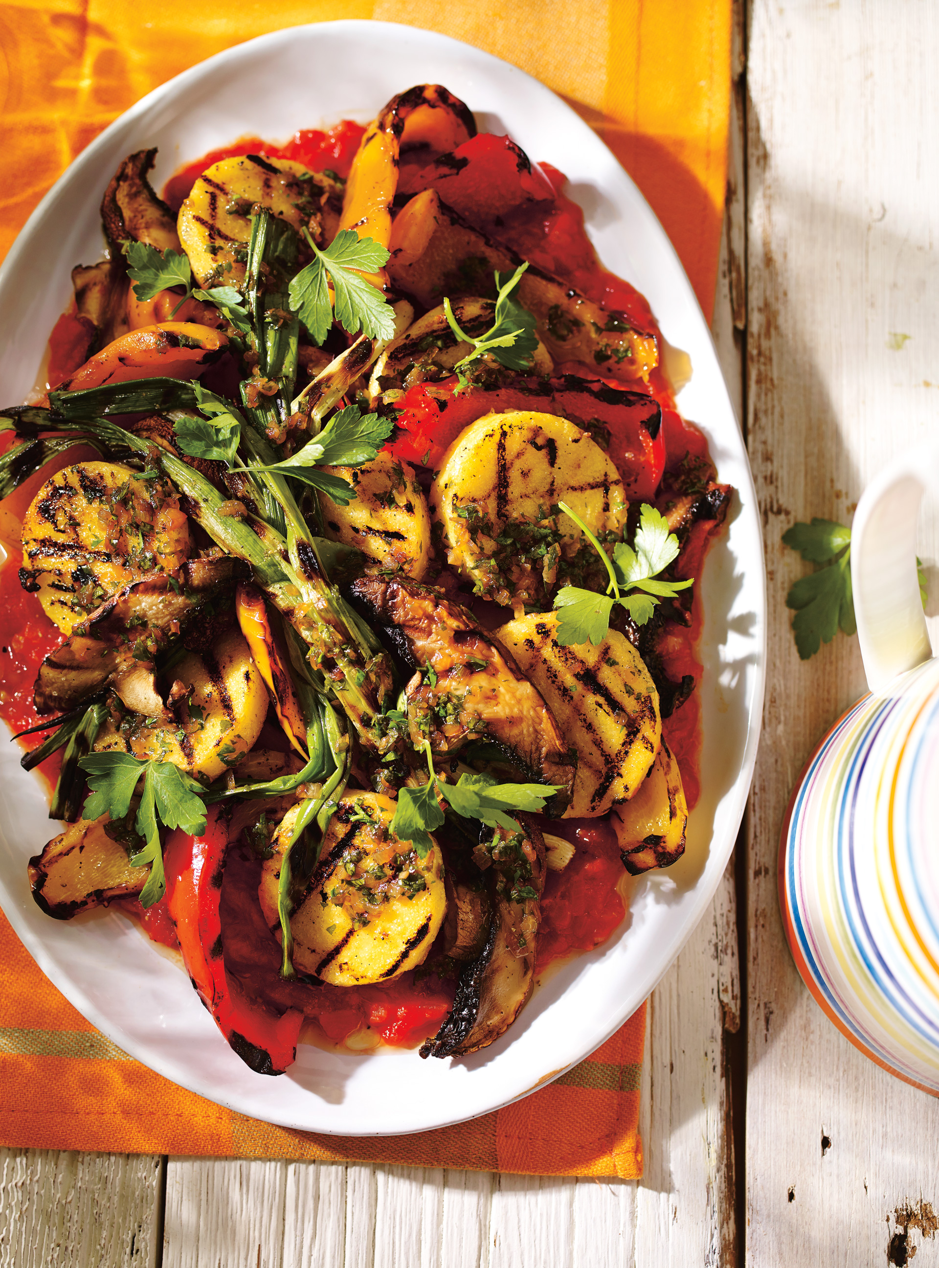Grilled Polenta, Mushrooms and Peppers with Shallot Dressing