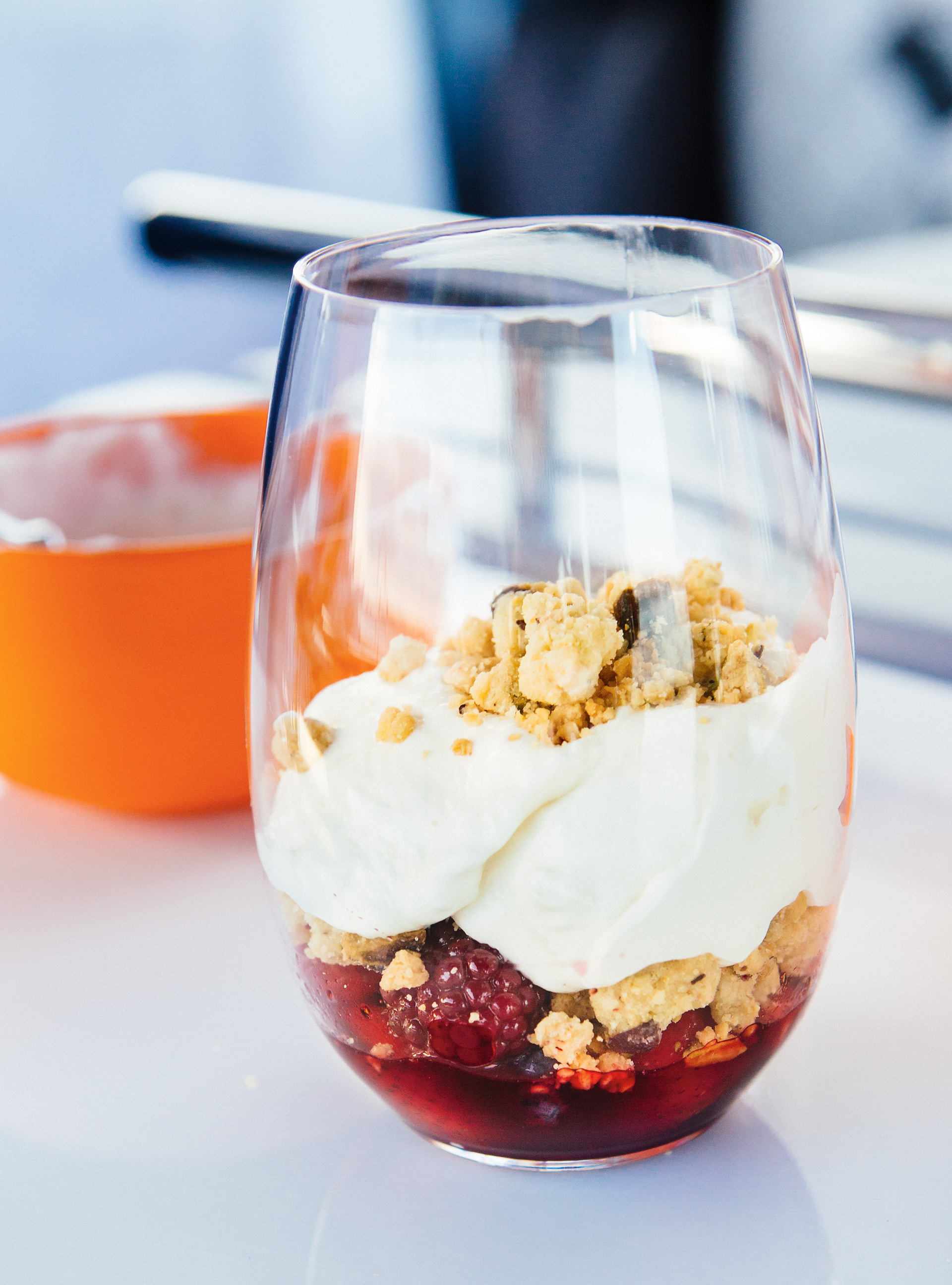 Berry and Pistachio Crumble with Whipped Cream