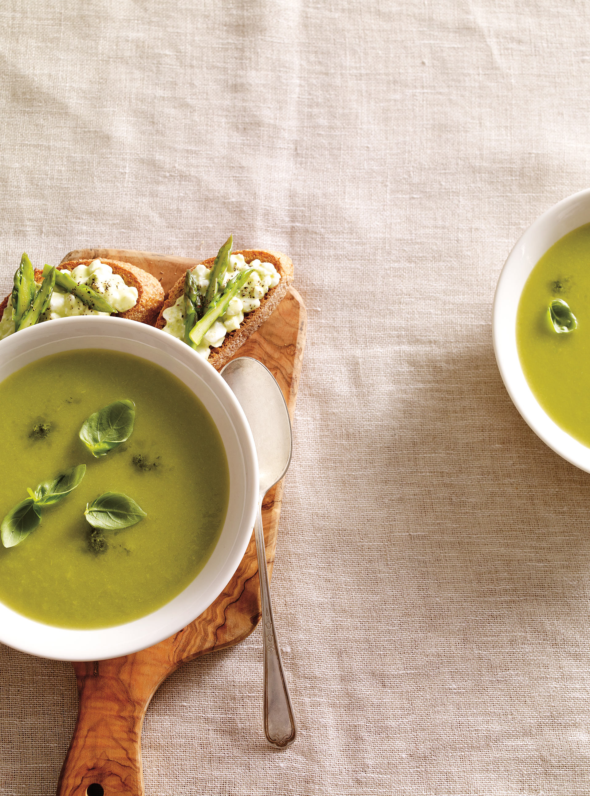 Cream of Asparagus and Basil Soup with Cottage Cheese Toast