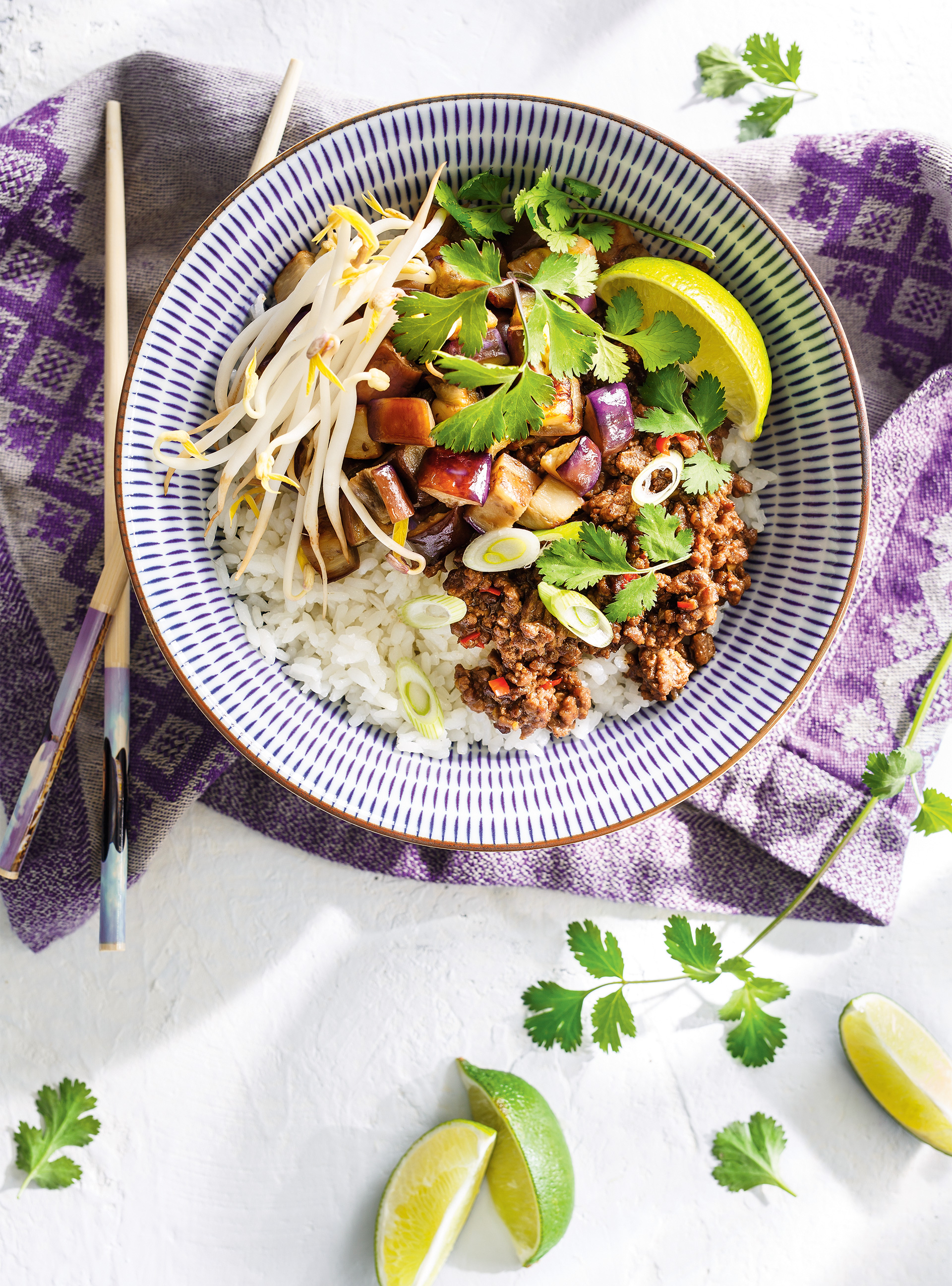 Beef and Eggplant Sticky Rice Bowls