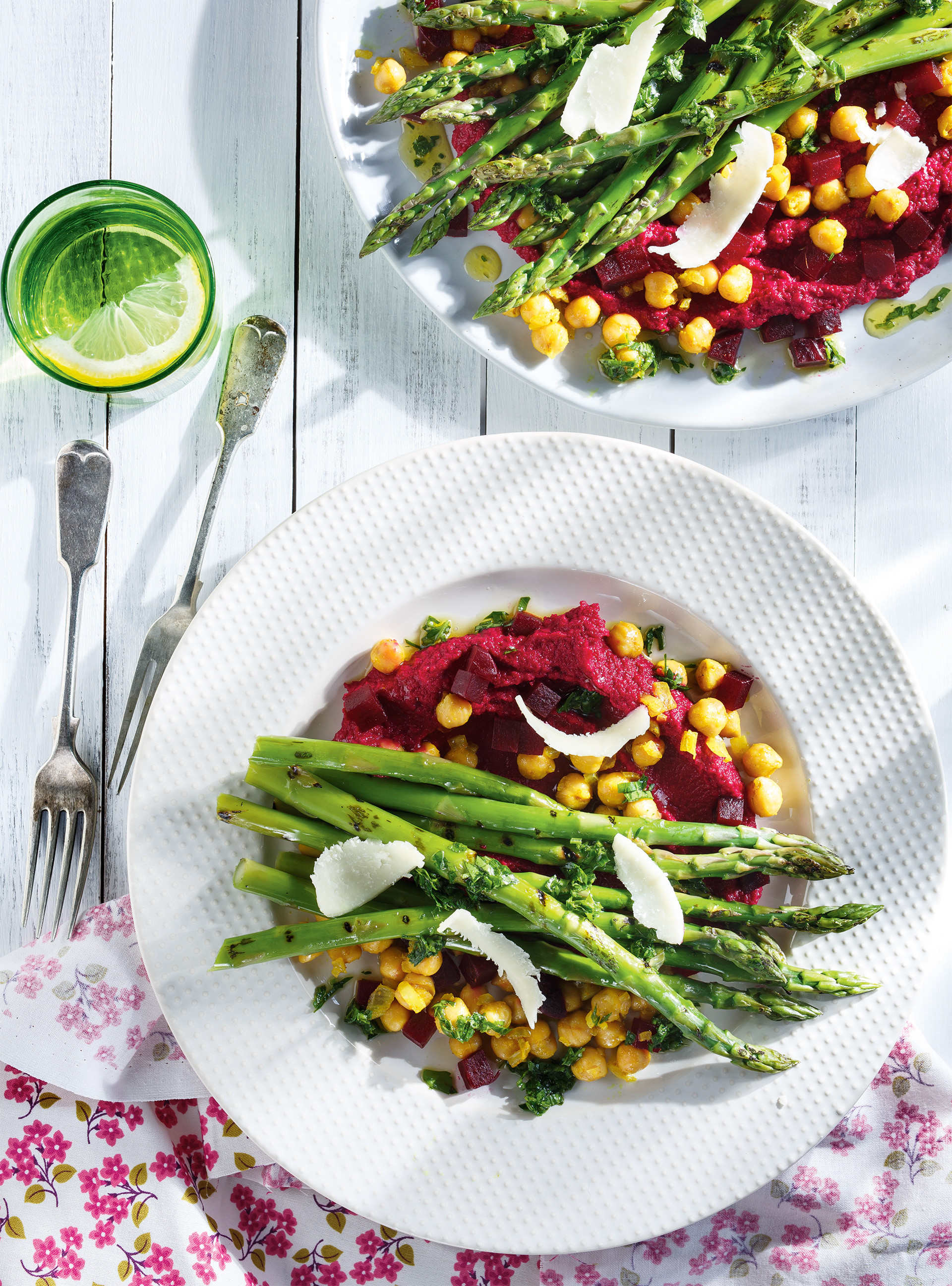 Grilled Asparagus with Beet Hummus and Curried Chickpeas