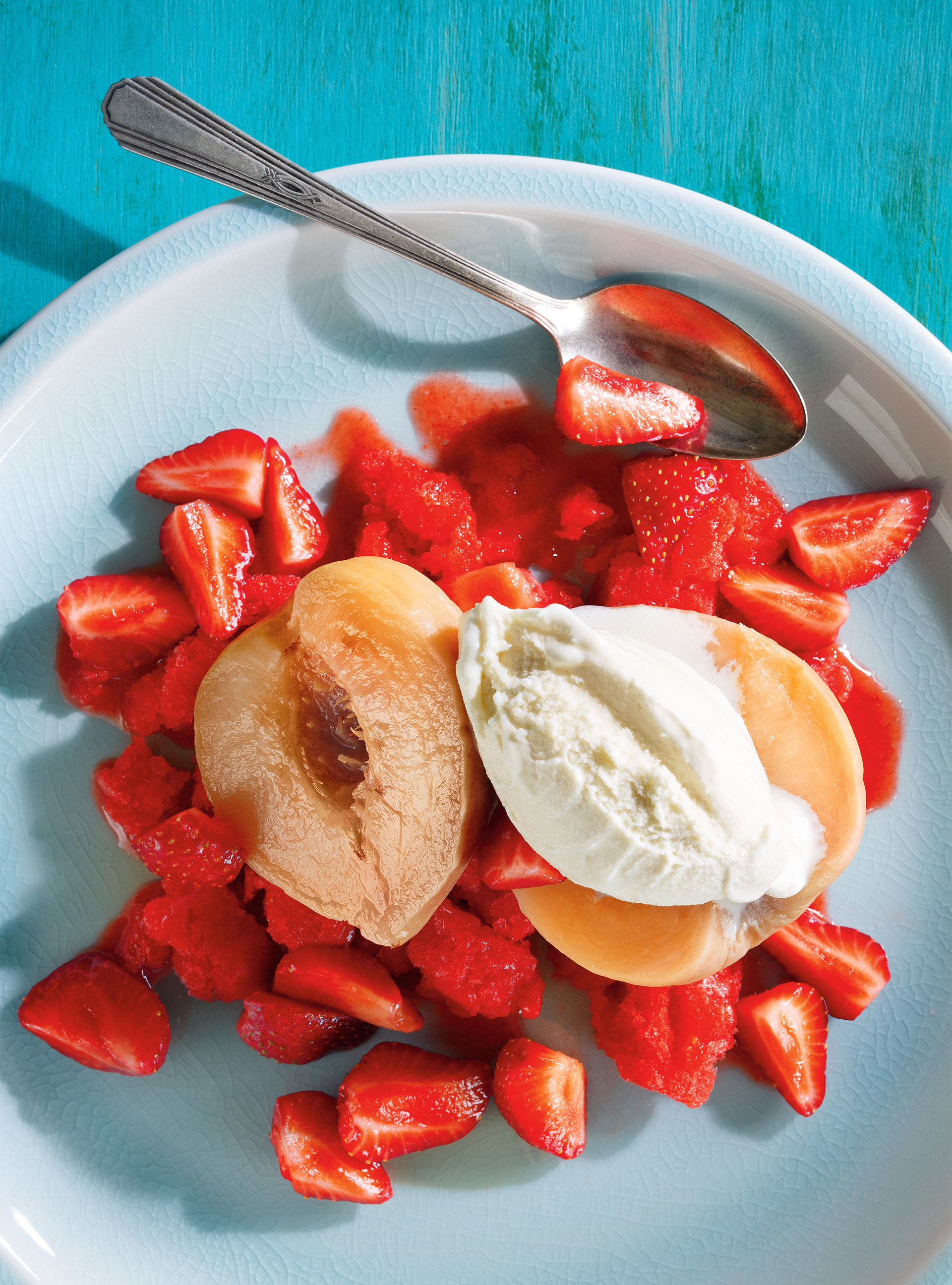Poached Peaches with Strawberry Granita