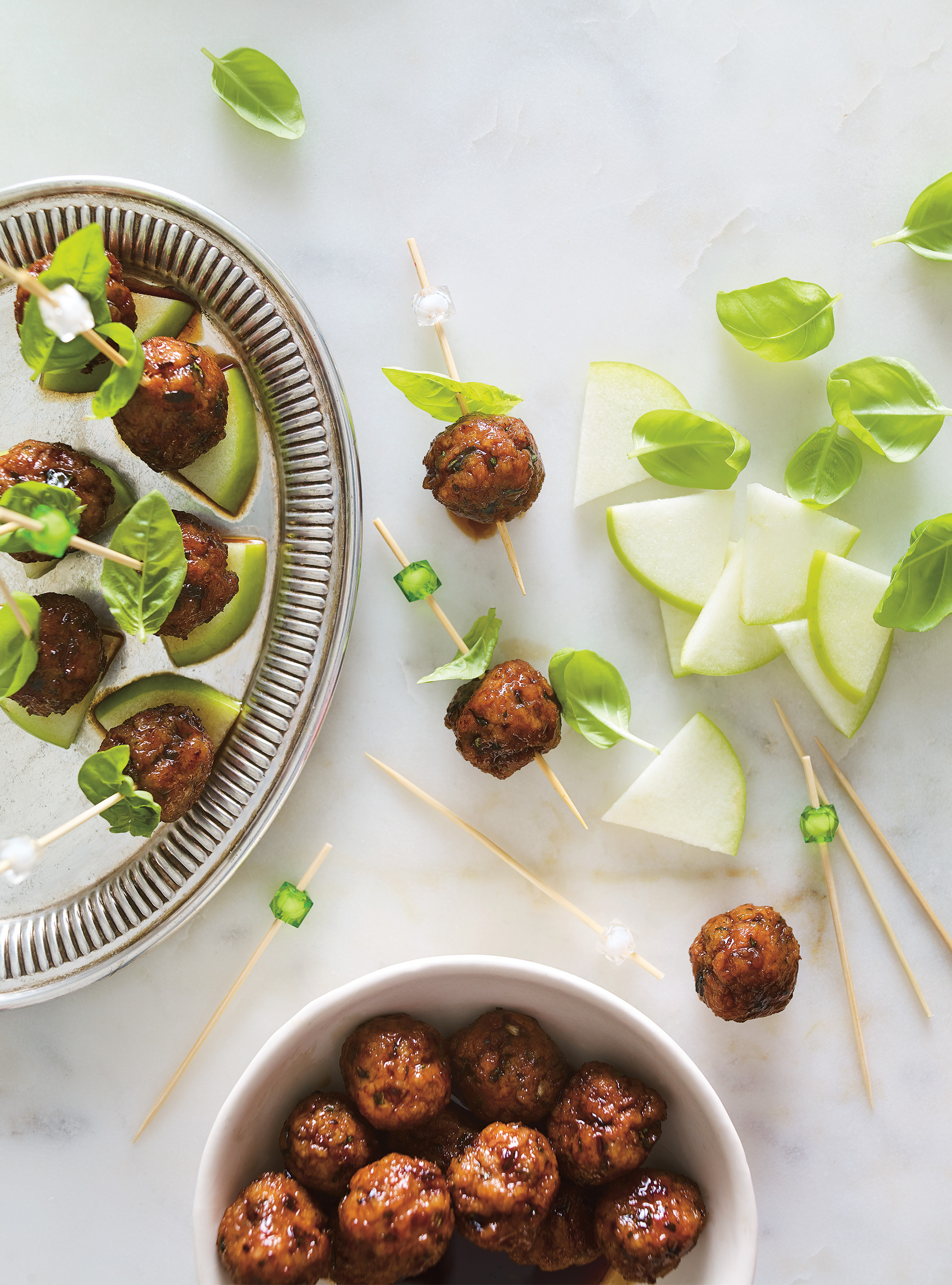 Glazed Meatballs with Green Apple and Basil