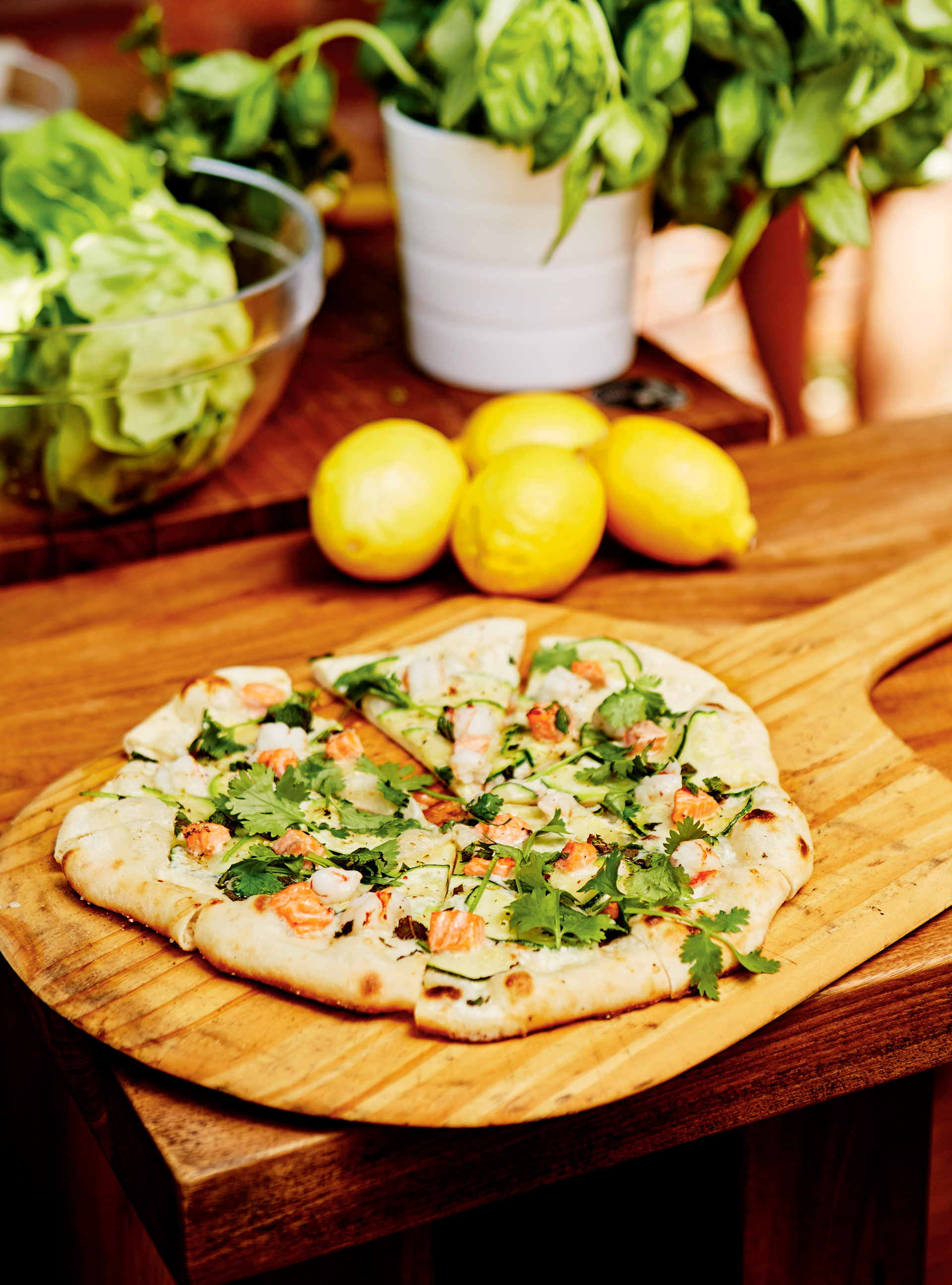 White Pizza with Trout, Shrimp and Zucchini