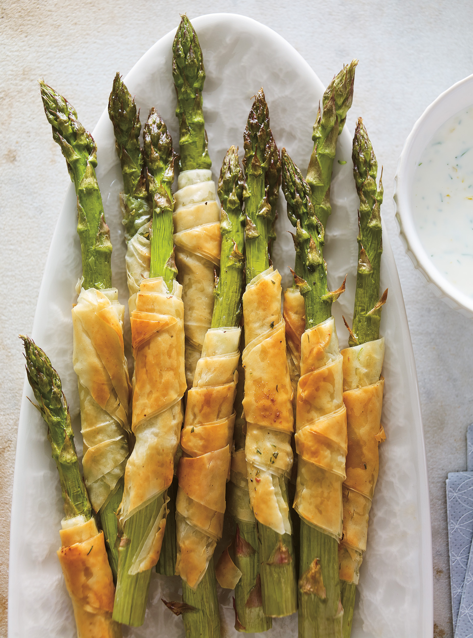 Phyllo-Wrapped Asparagus with Herb Sauce